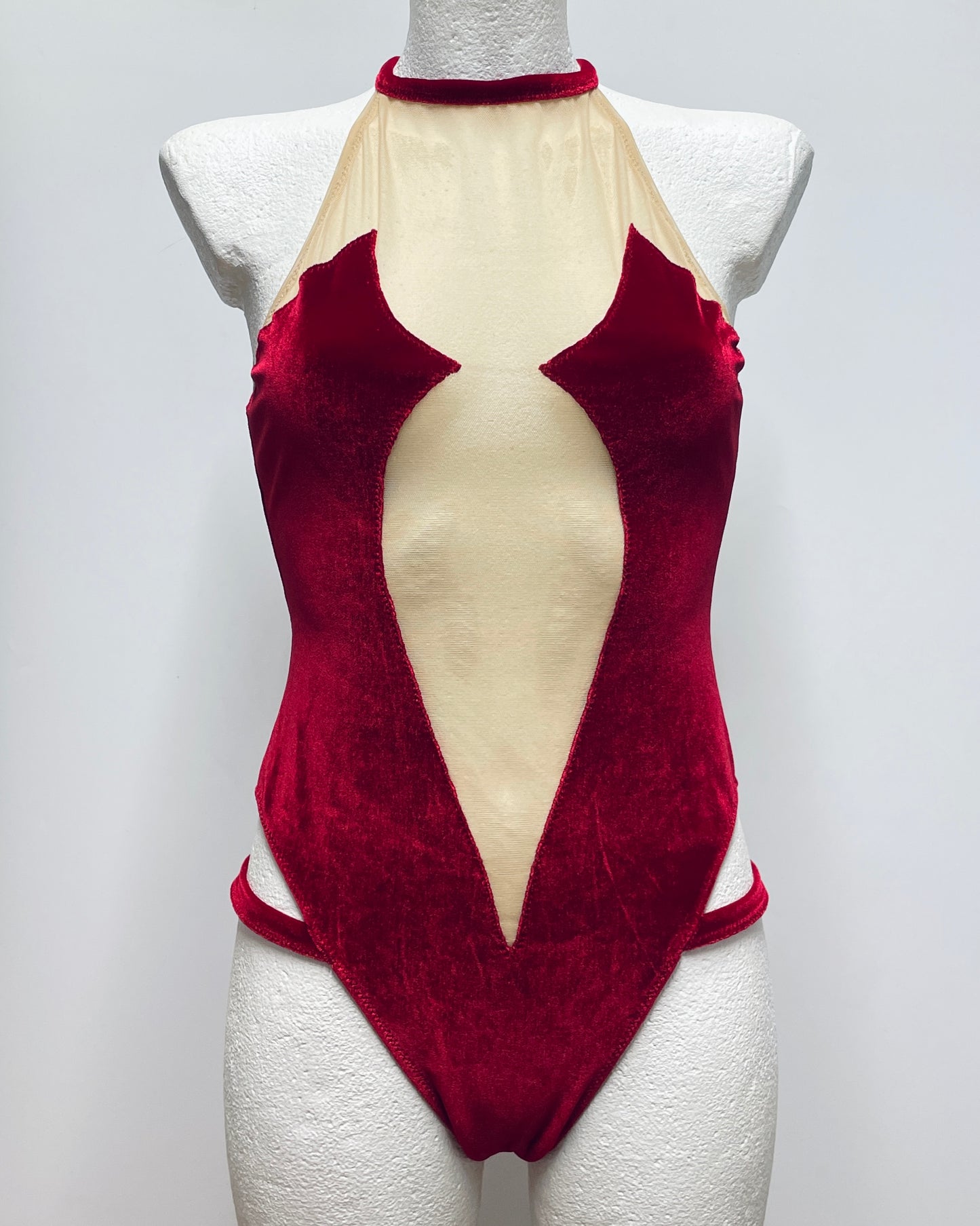 Red velvet high leg cut bodysuit