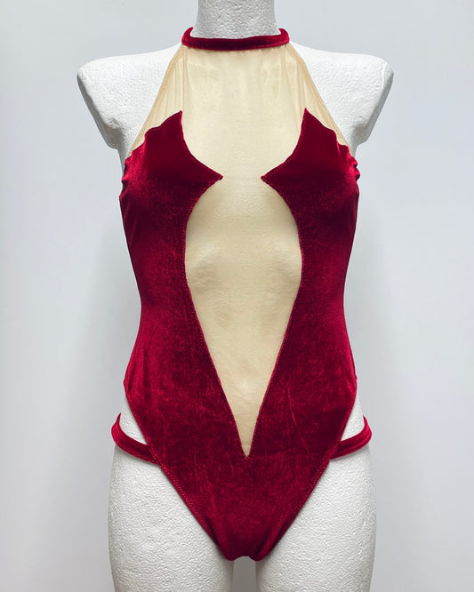 Red velvet high leg cut bodysuit