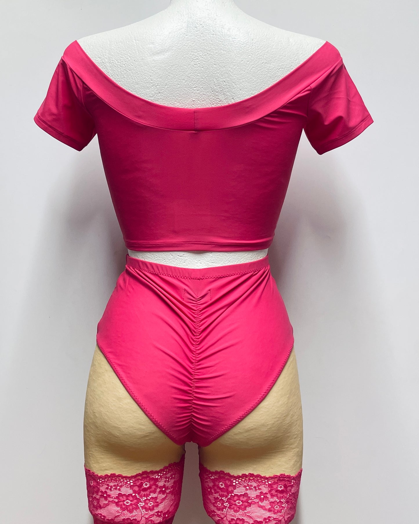 Pink top and lace garter biker shorts