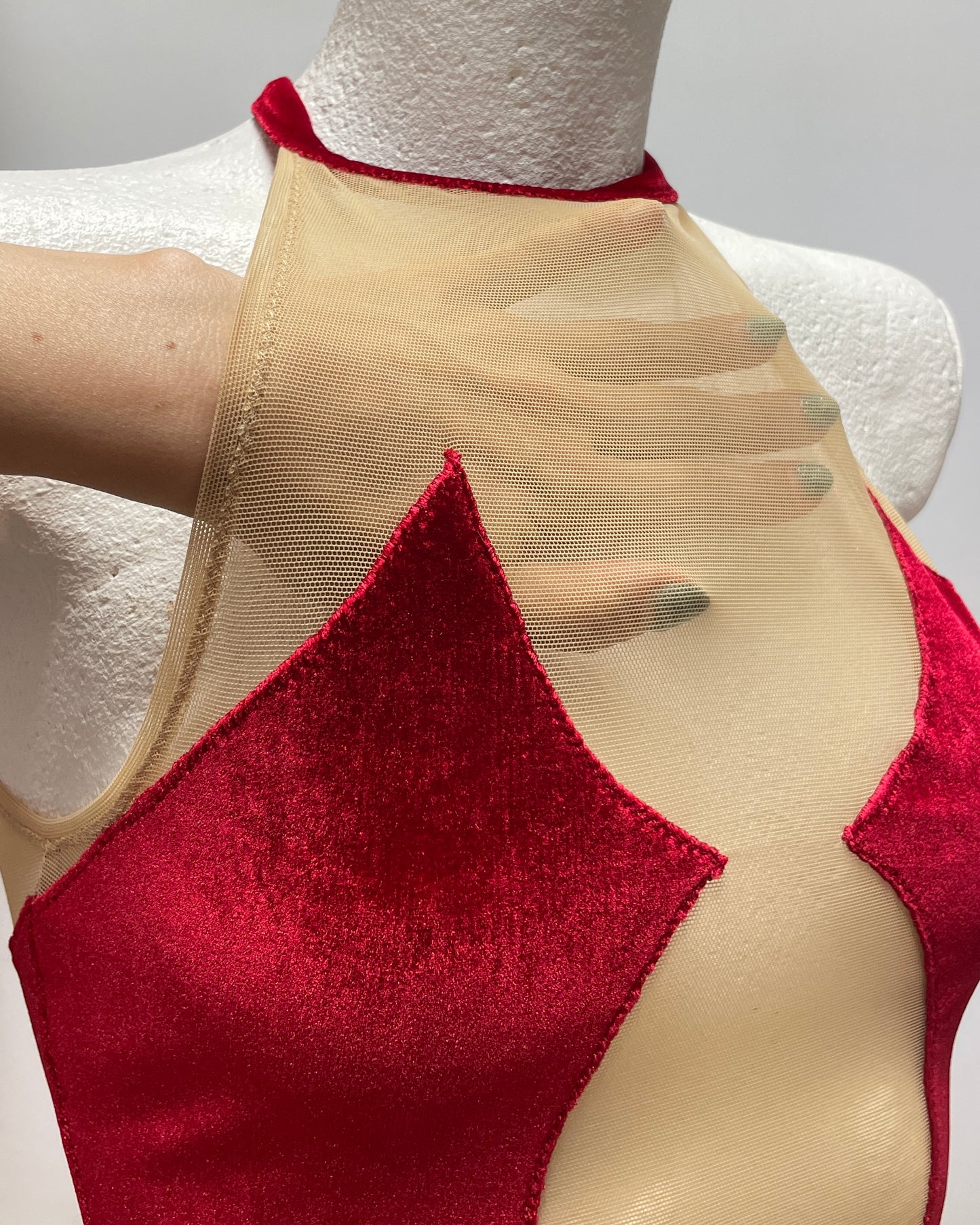 Red velvet high leg cut bodysuit