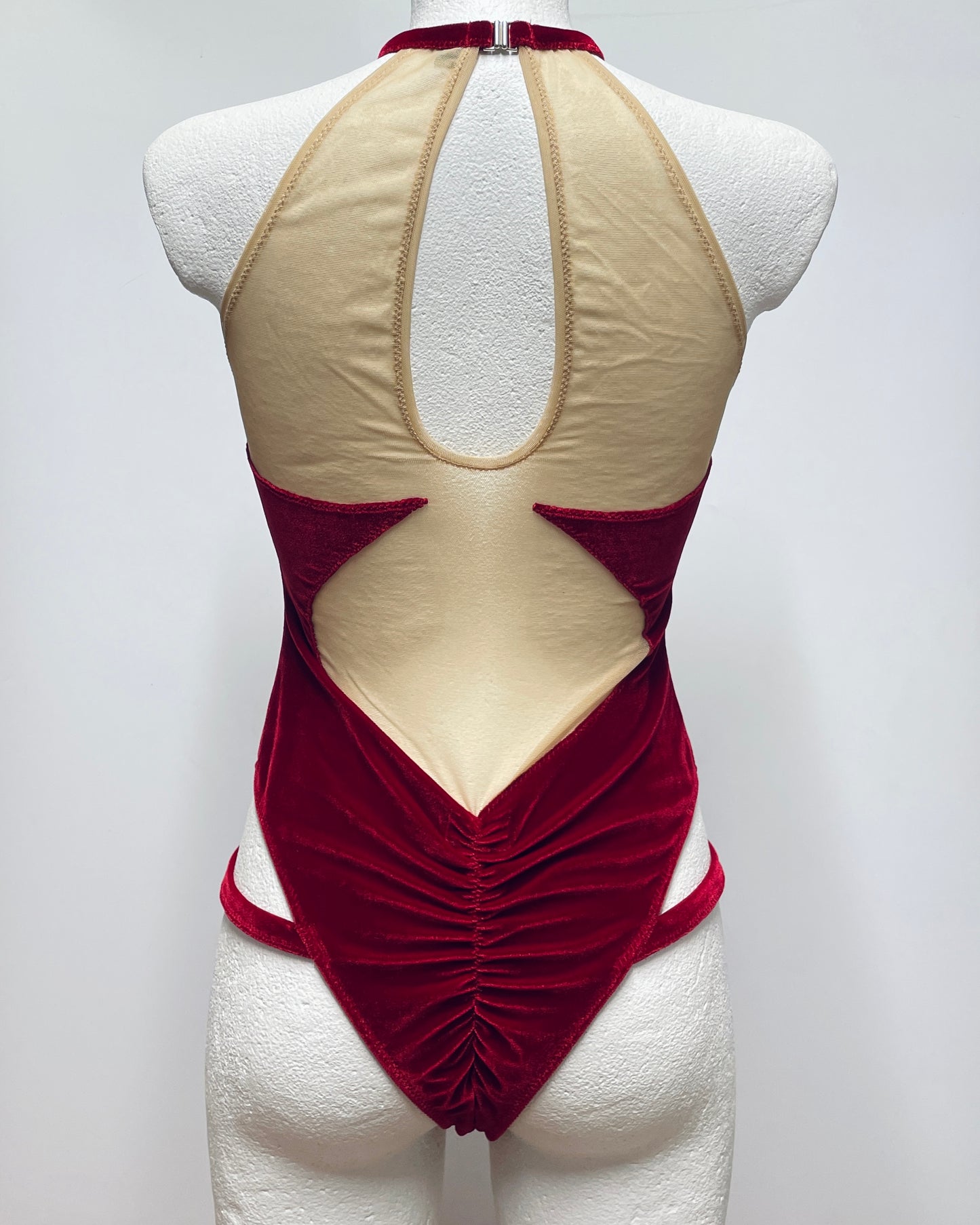 Red velvet high leg cut bodysuit
