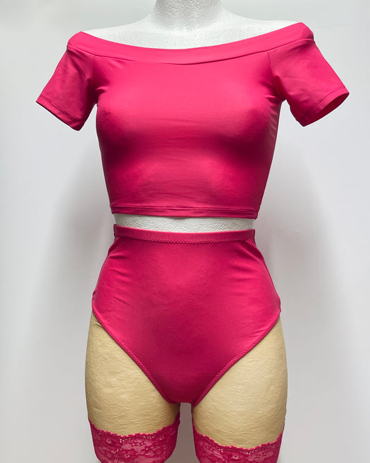 Pink top and lace garter biker shorts